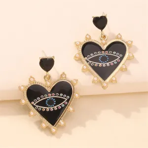 Black Crystal & Enamel Pearl 18K Gold-Plated Eye Heart Drop Earrings