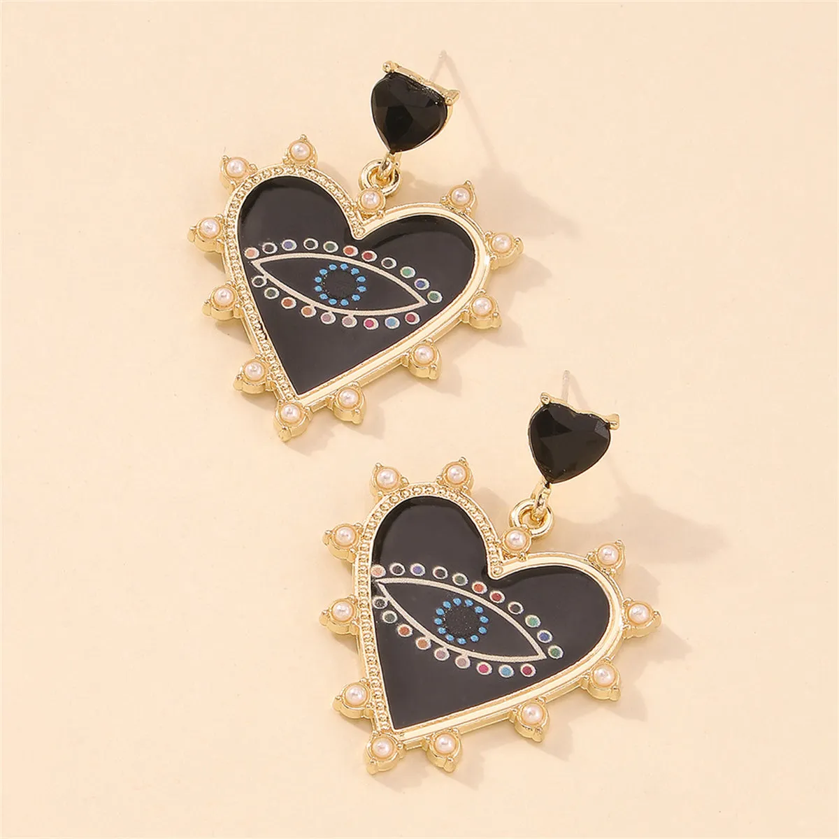 Black Crystal & Enamel Pearl 18K Gold-Plated Eye Heart Drop Earrings