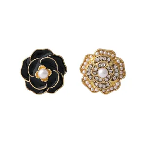 Black Enamel & Pearl Camellia Stud Earrings