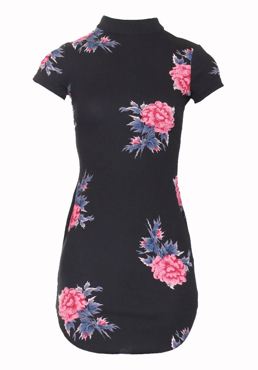 Black High Neck Floral Mini Dress