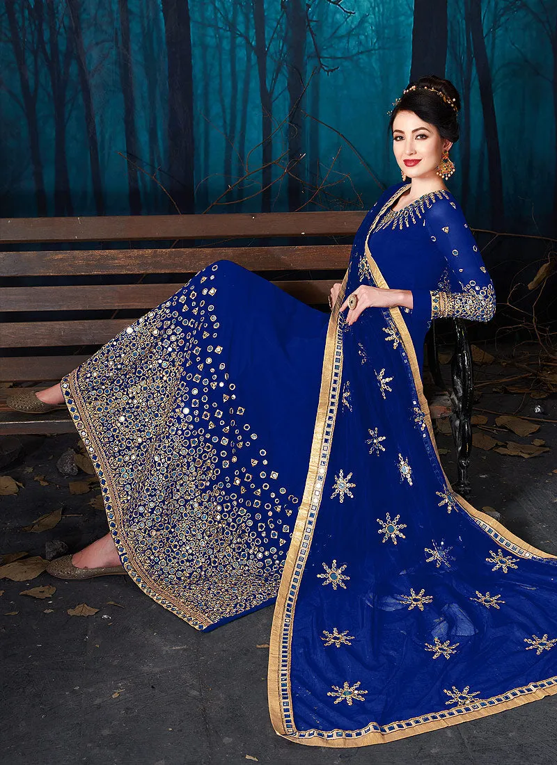 Blue All Over Zari And Mirror Embroidered Anarkali Suit