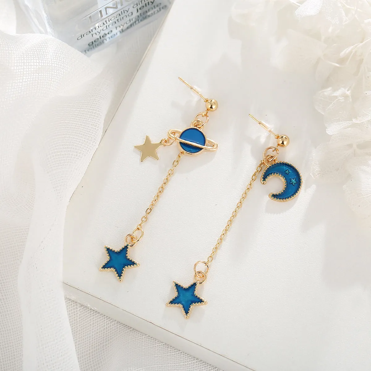 Blue Enamel & 18K Gold-Plated Star Planet Drop Earrings