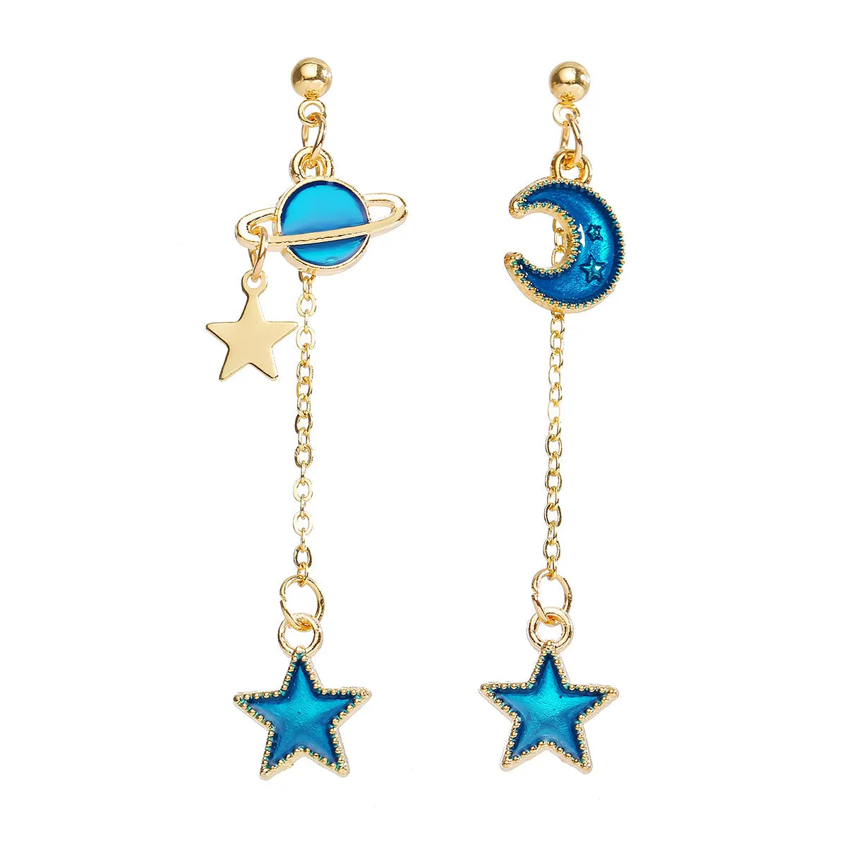 Blue Enamel & 18K Gold-Plated Star Planet Drop Earrings