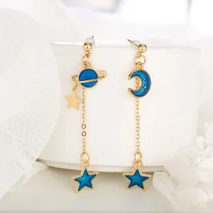 Blue Enamel & 18K Gold-Plated Star Planet Drop Earrings
