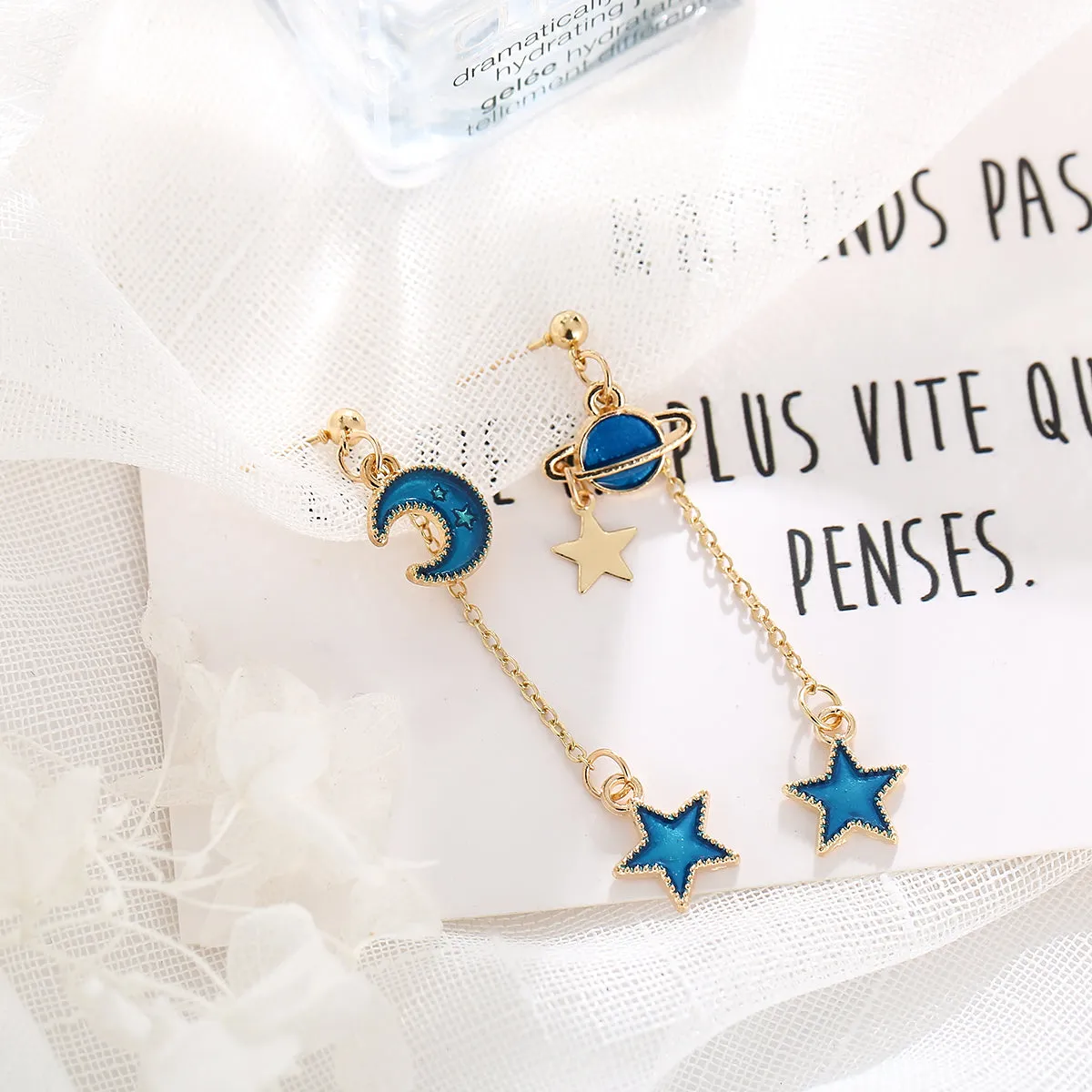 Blue Enamel & 18K Gold-Plated Star Planet Drop Earrings