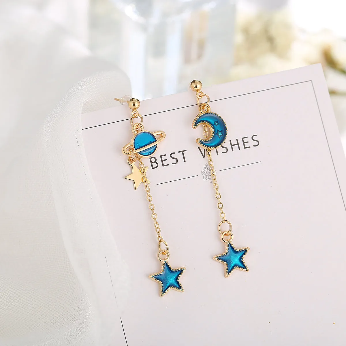 Blue Enamel & 18K Gold-Plated Star Planet Drop Earrings