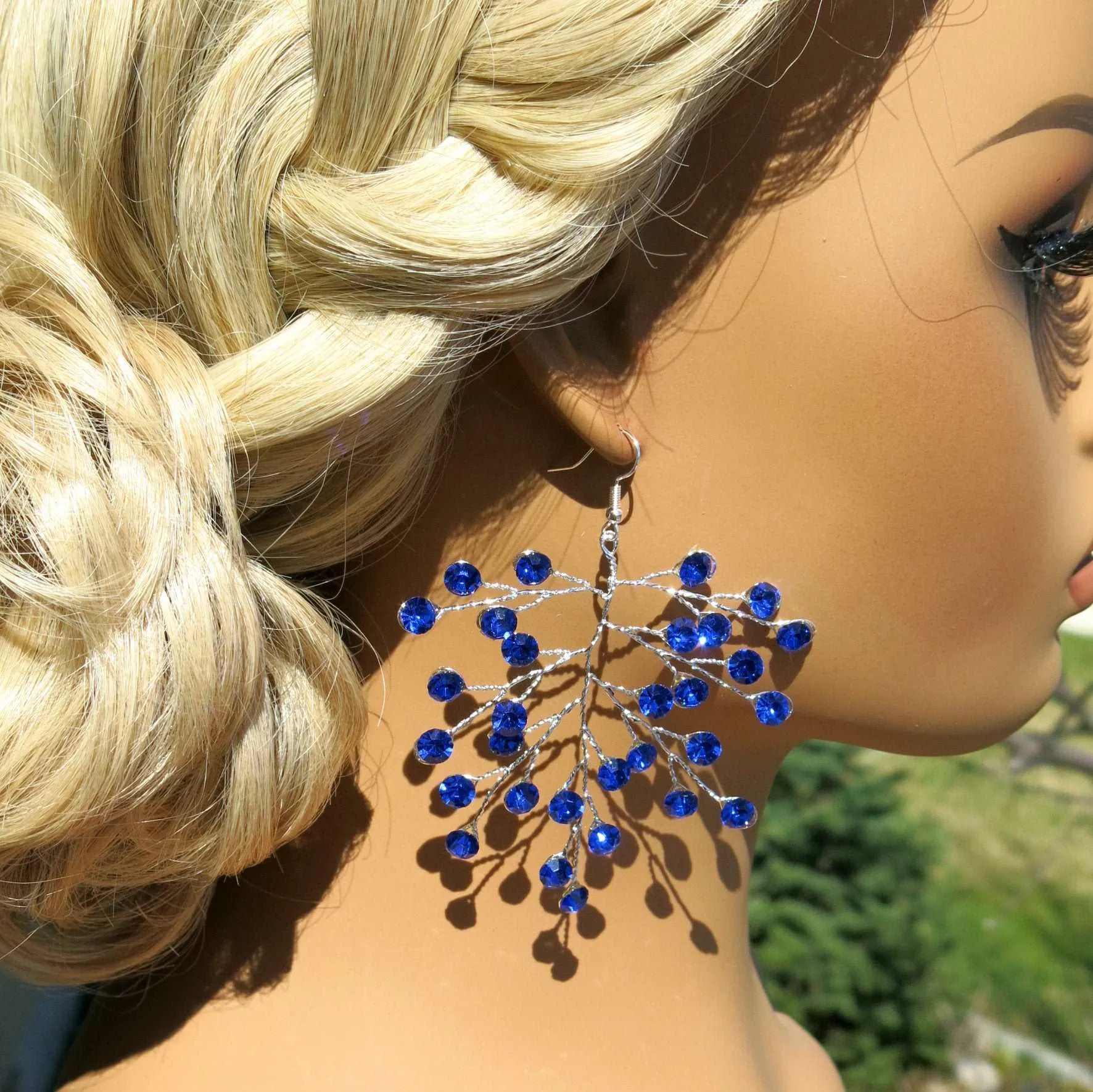 Bridal Blue Crystal Earrings, Rhinestone Earrings, Bridesmaid Dangle Crystal Earrings, Wedding Gold or Silver Wire Large Earrings