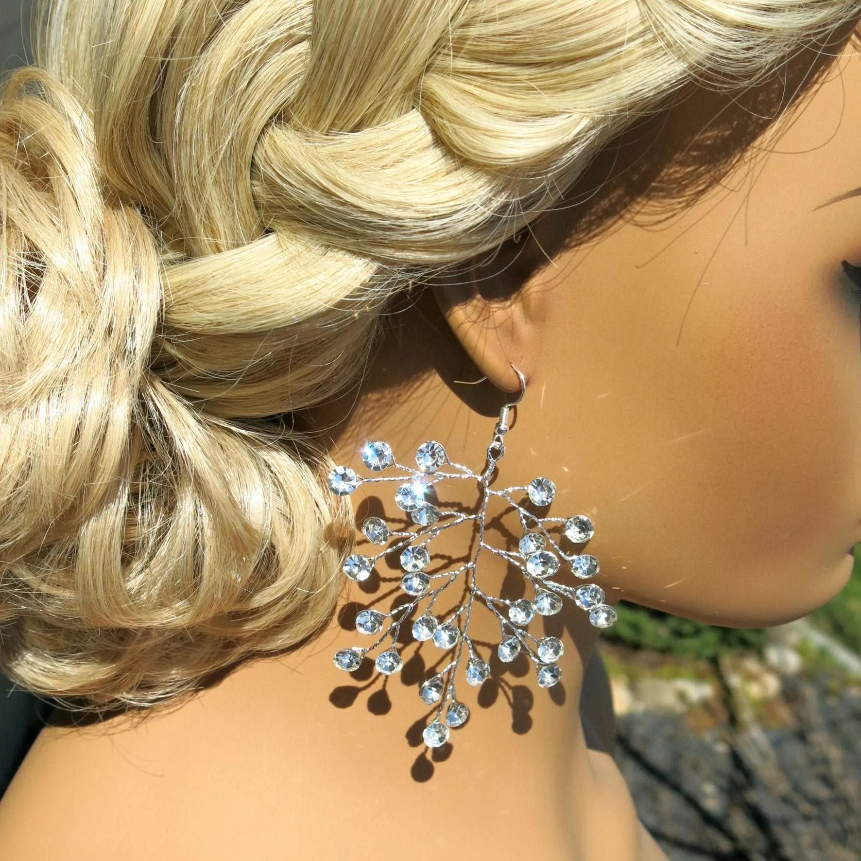 Bridal Blue Crystal Earrings, Rhinestone Earrings, Bridesmaid Dangle Crystal Earrings, Wedding Gold or Silver Wire Large Earrings