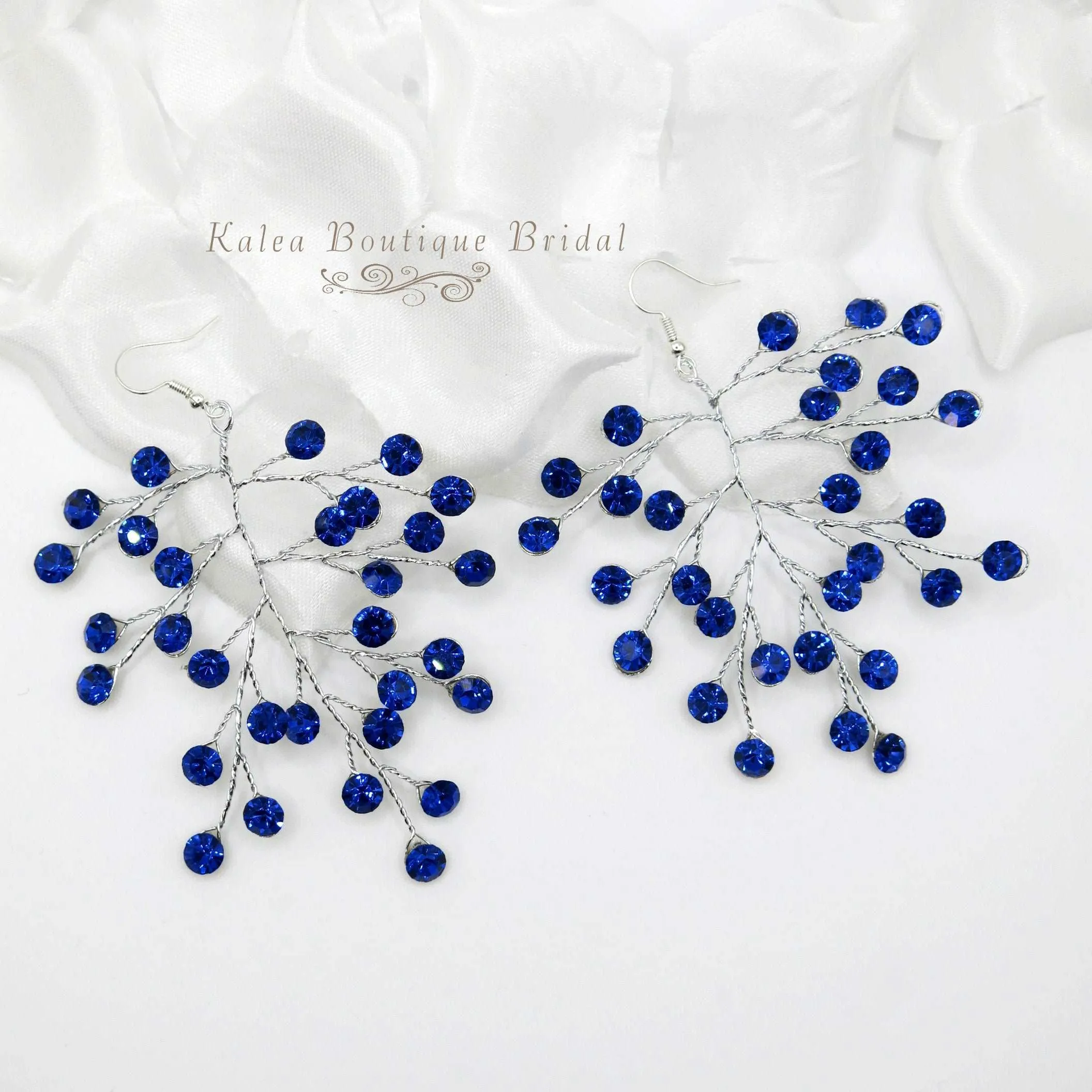 Bridal Blue Crystal Earrings, Rhinestone Earrings, Bridesmaid Dangle Crystal Earrings, Wedding Gold or Silver Wire Large Earrings