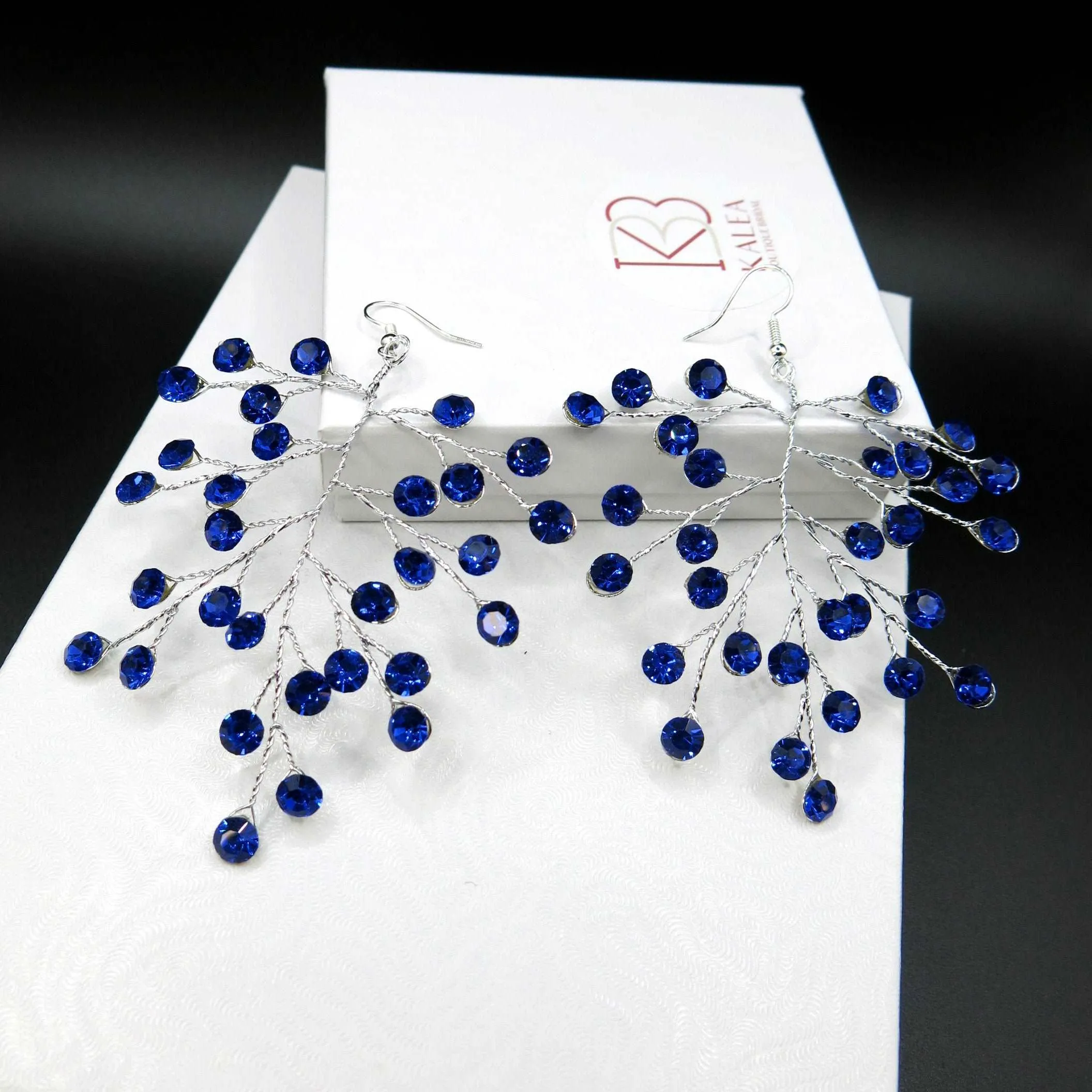 Bridal Blue Crystal Earrings, Rhinestone Earrings, Bridesmaid Dangle Crystal Earrings, Wedding Gold or Silver Wire Large Earrings