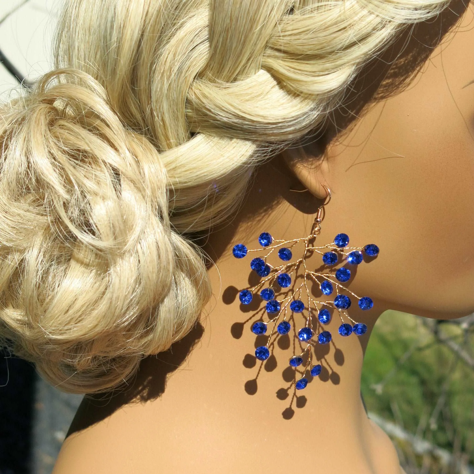 Bridal Blue Crystal Earrings, Rhinestone Earrings, Bridesmaid Dangle Crystal Earrings, Wedding Gold or Silver Wire Large Earrings