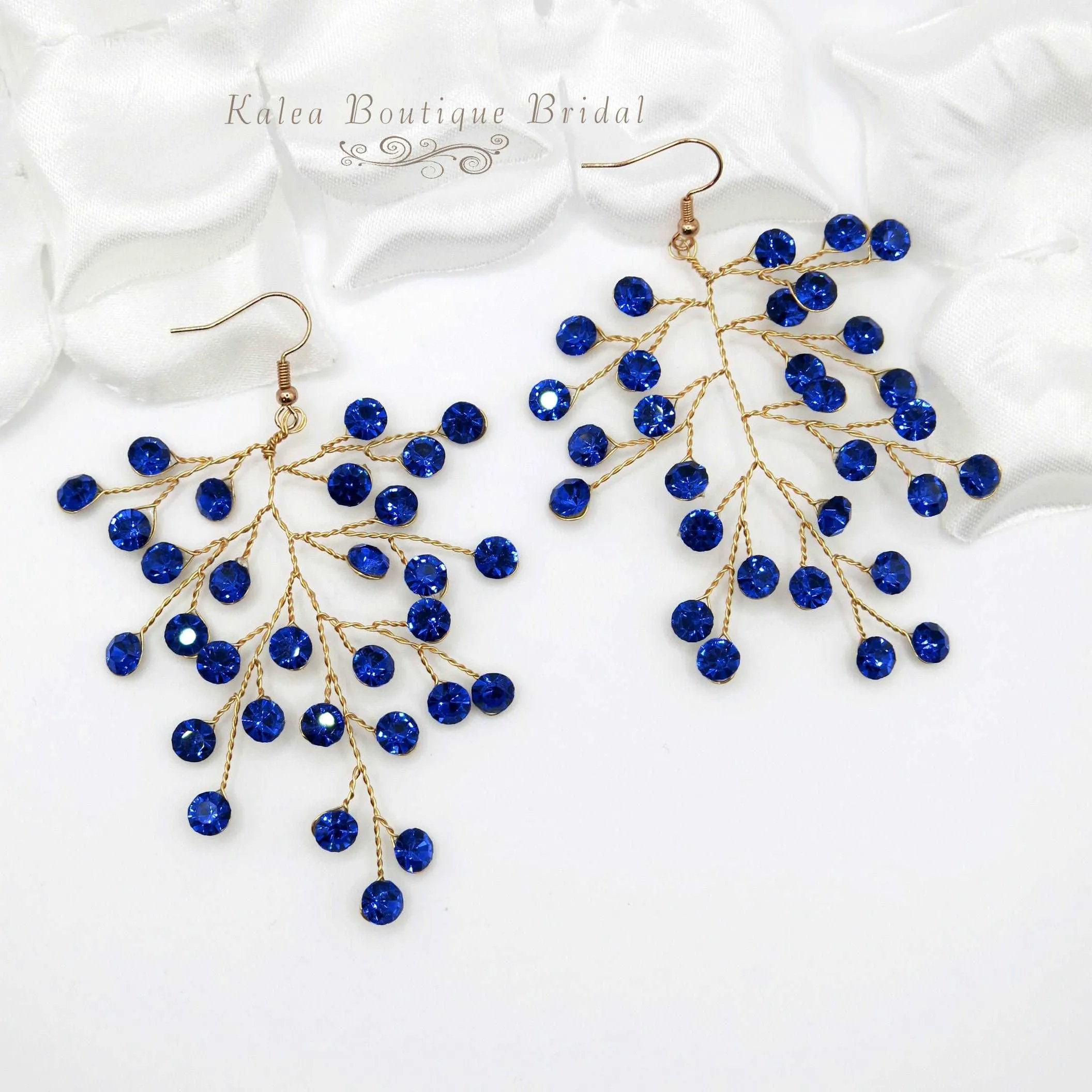 Bridal Blue Crystal Earrings, Rhinestone Earrings, Bridesmaid Dangle Crystal Earrings, Wedding Gold or Silver Wire Large Earrings