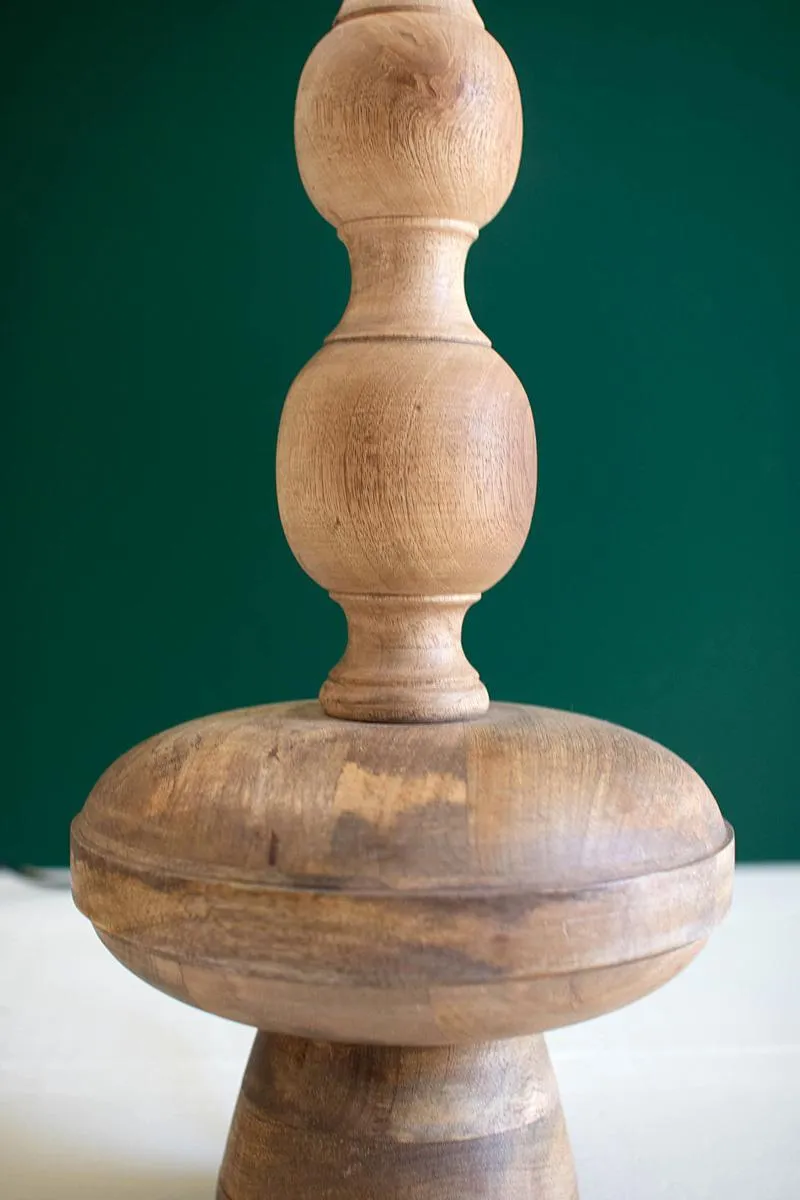 Carved Wooden Table Lamp with Off-White Barrel Shade