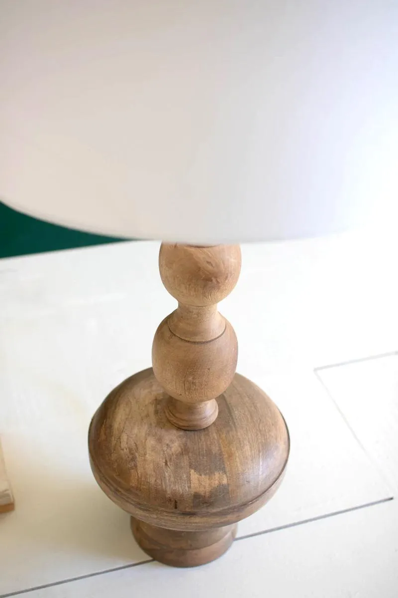 Carved Wooden Table Lamp with Off-White Barrel Shade