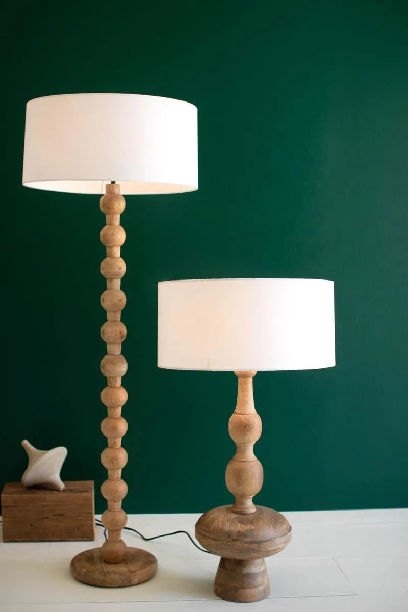 Carved Wooden Table Lamp with Off-White Barrel Shade