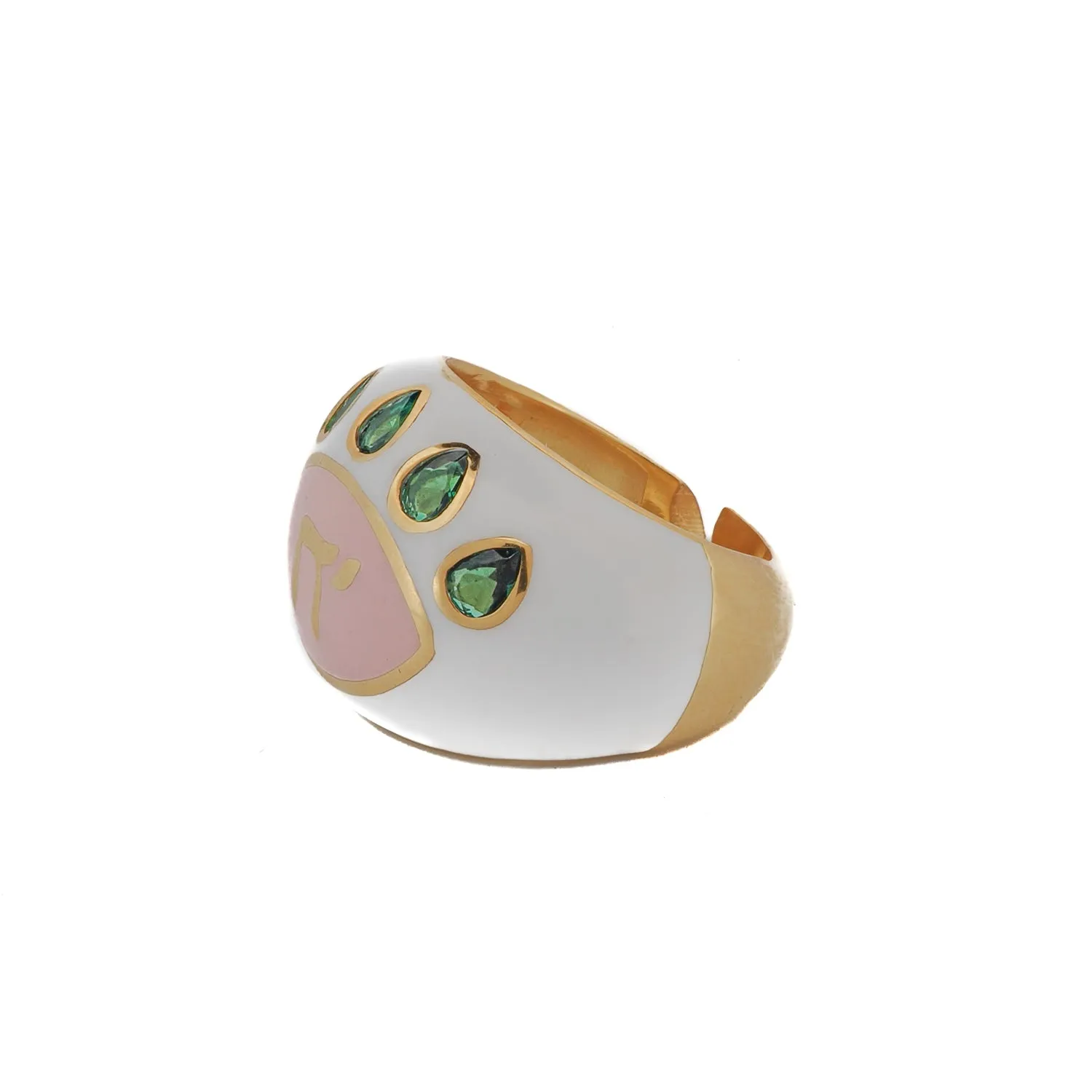 Chai Symbol & Emerald Eye Pink Enamel Adjustable Ring