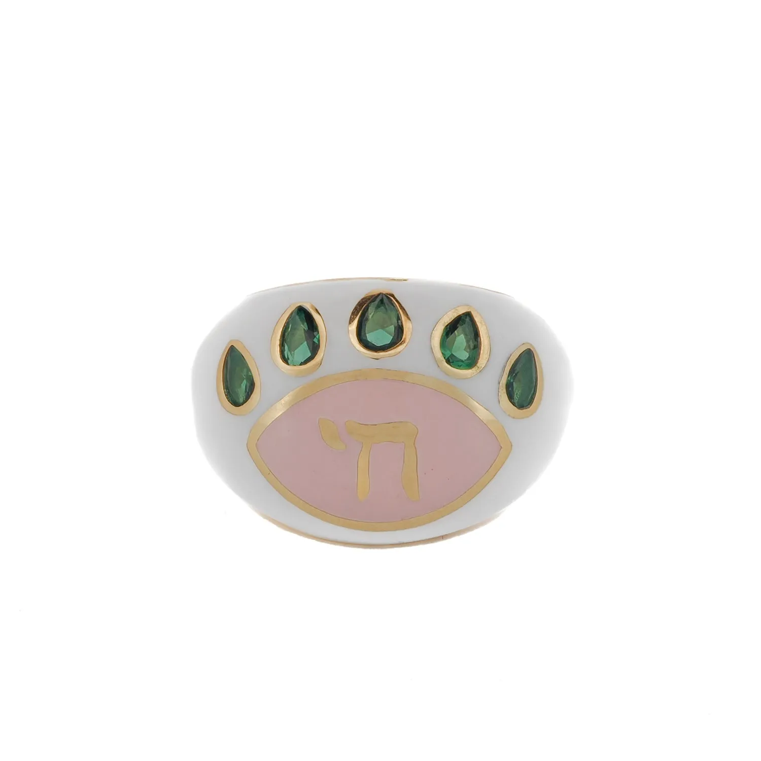 Chai Symbol & Emerald Eye Pink Enamel Adjustable Ring