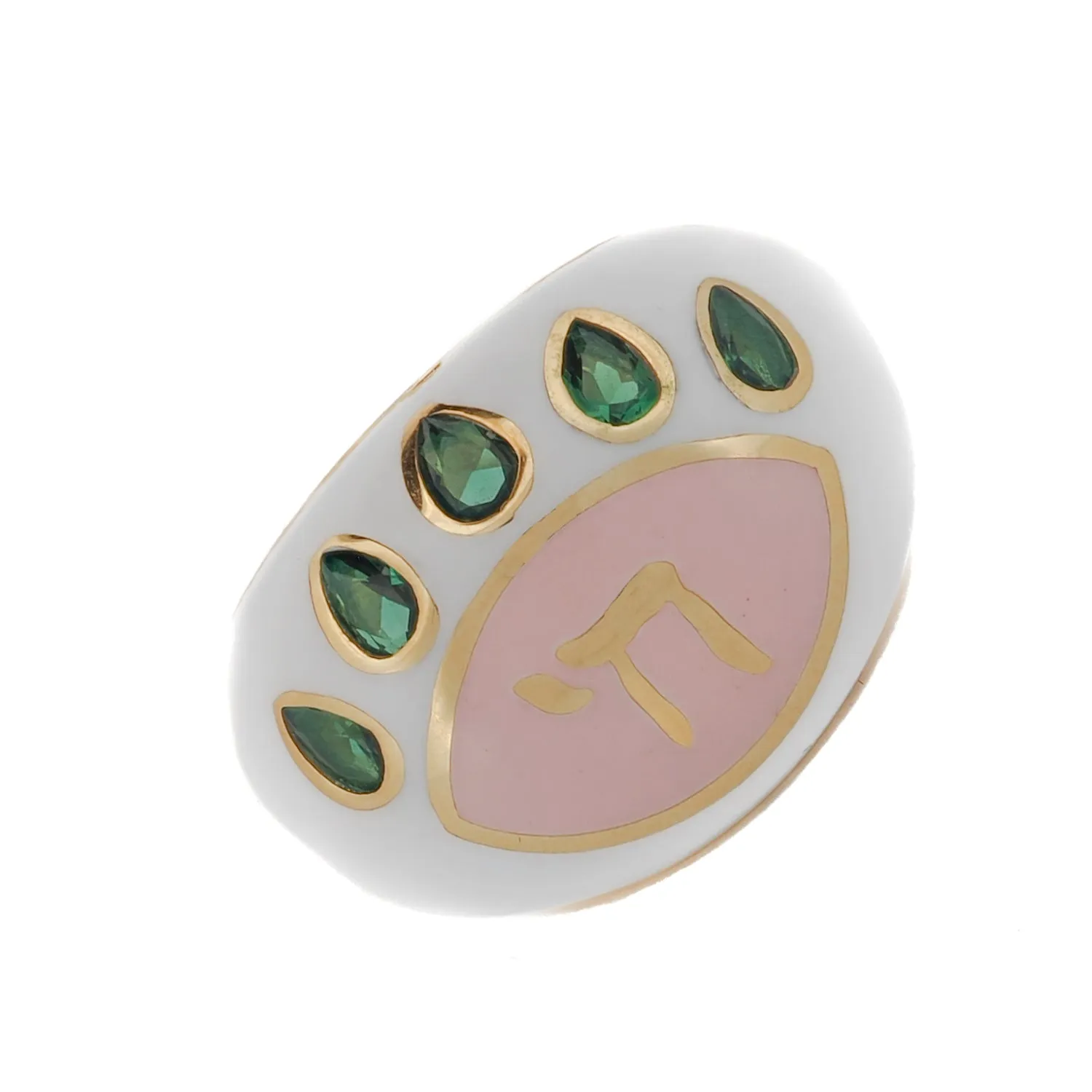Chai Symbol & Emerald Eye Pink Enamel Adjustable Ring