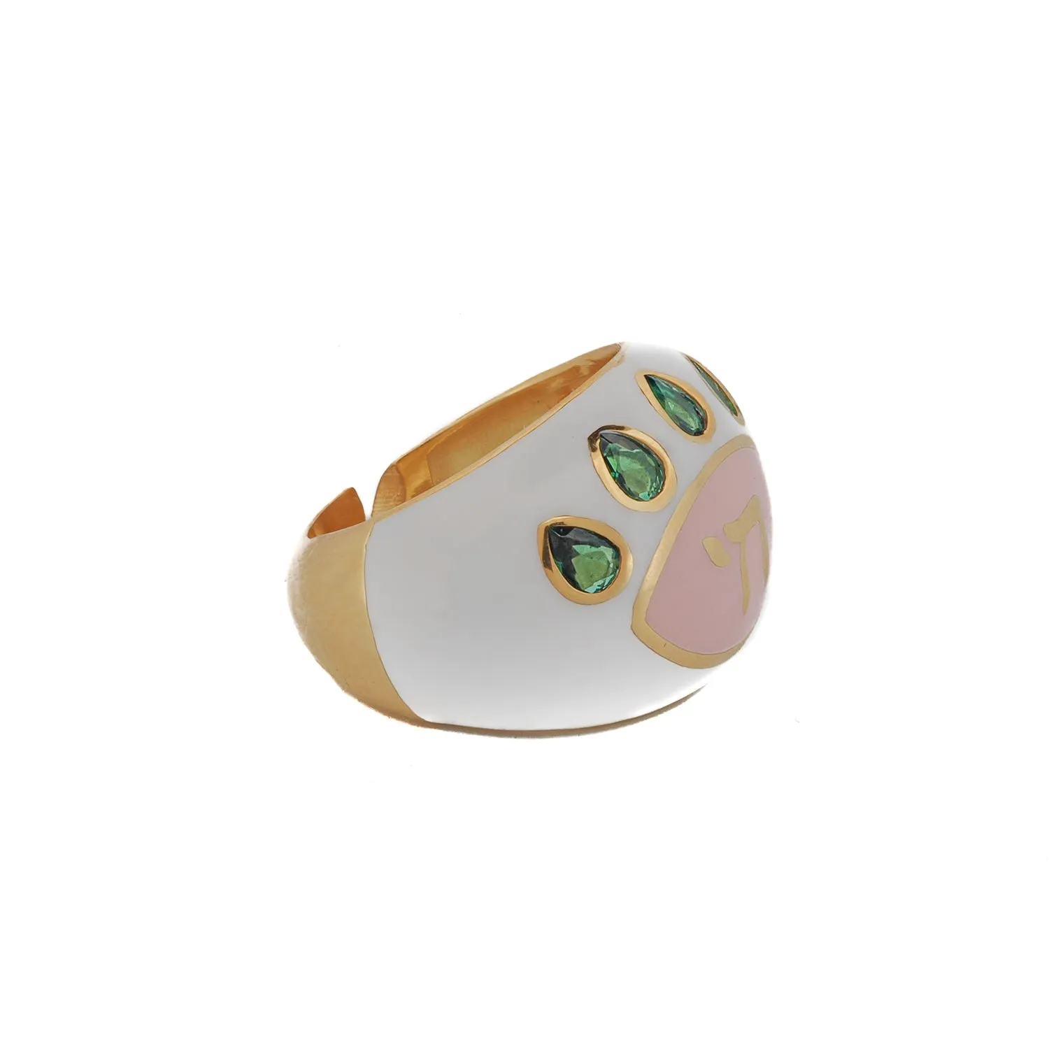 Chai Symbol & Emerald Eye Pink Enamel Adjustable Ring