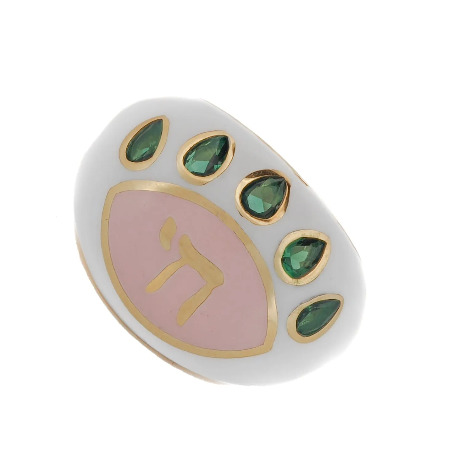 Chai Symbol & Emerald Eye Pink Enamel Adjustable Ring