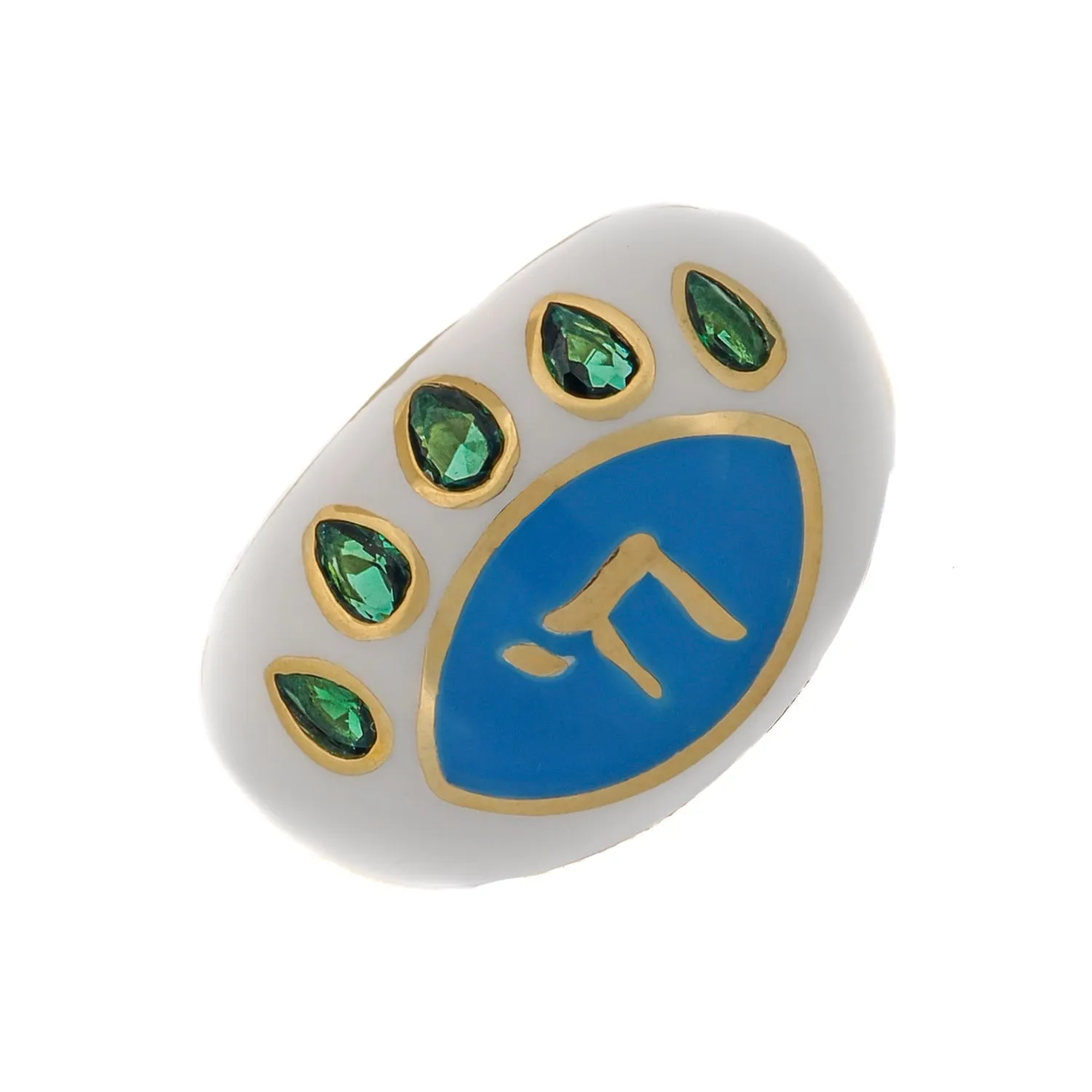 Chai Symbol & Emerald Eye White Enamel Adjustable Ring