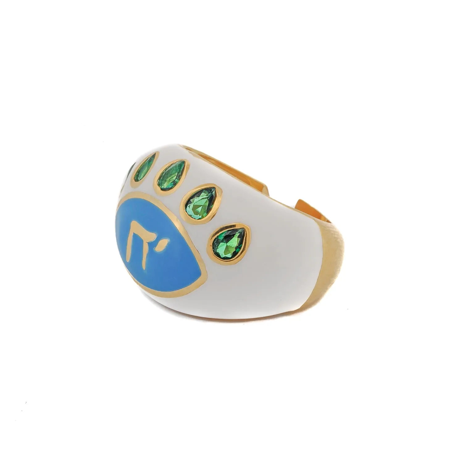 Chai Symbol & Emerald Eye White Enamel Adjustable Ring
