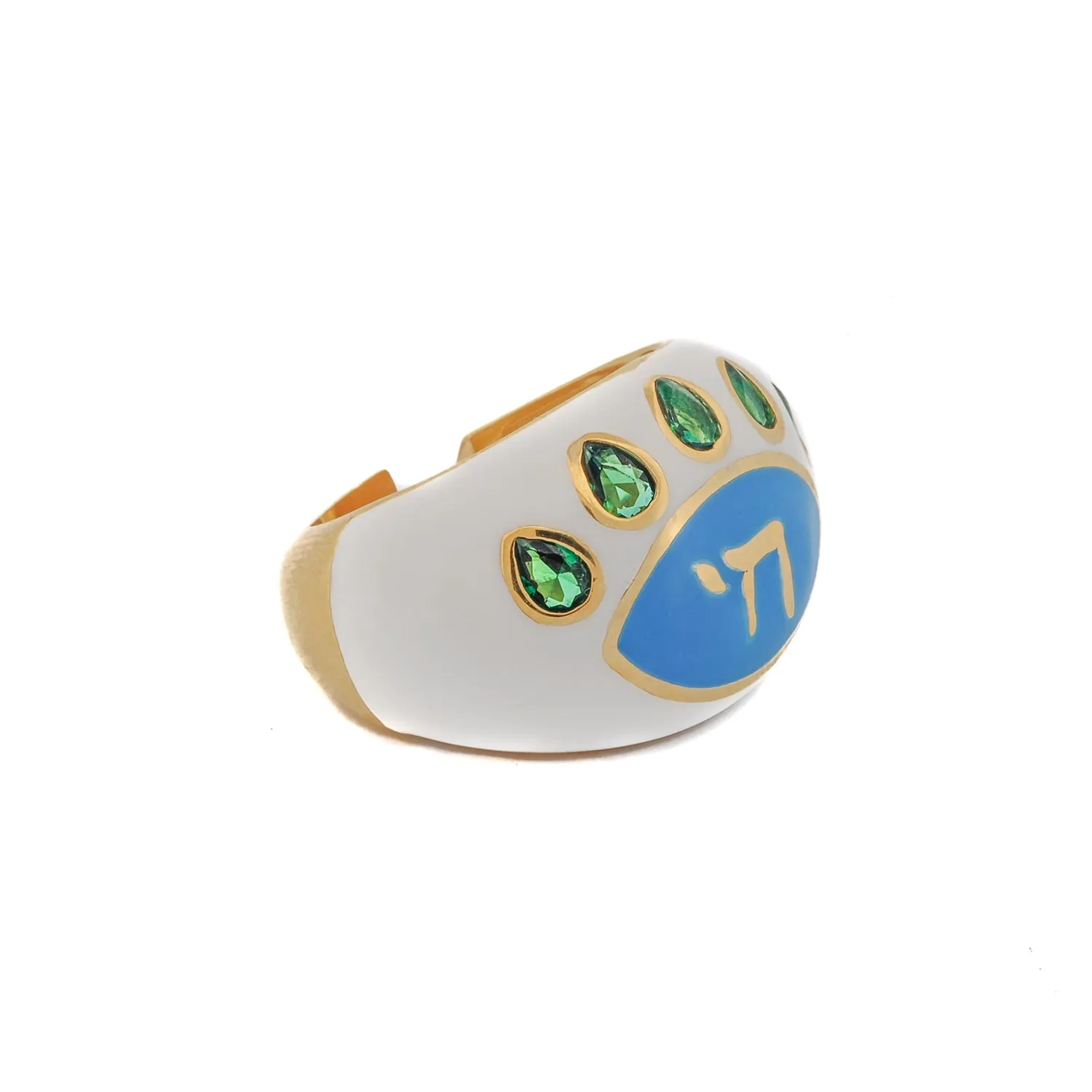 Chai Symbol & Emerald Eye White Enamel Adjustable Ring