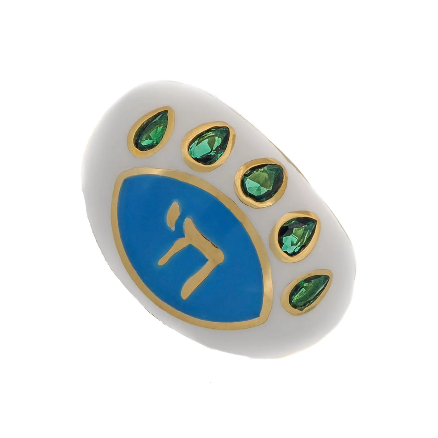 Chai Symbol & Emerald Eye White Enamel Adjustable Ring