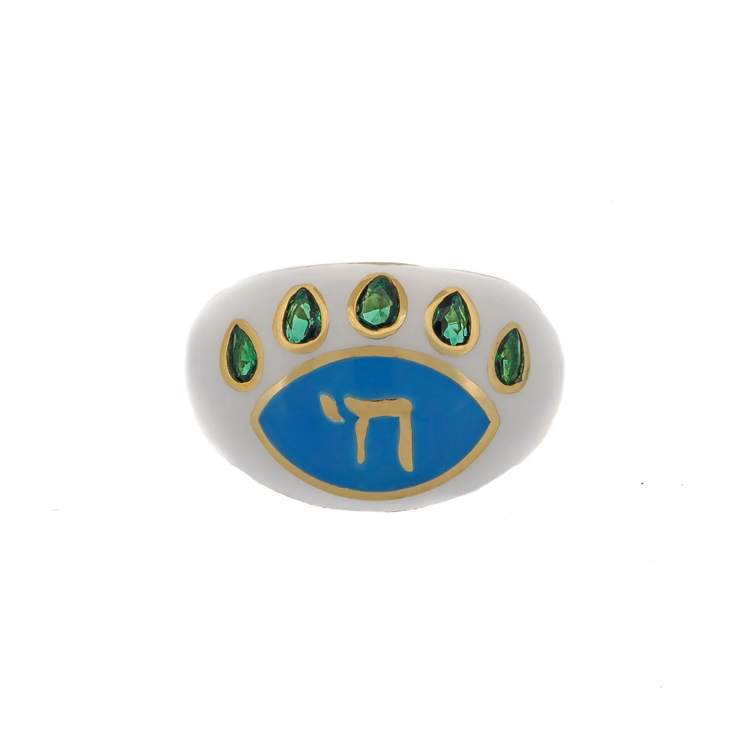 Chai Symbol & Emerald Eye White Enamel Adjustable Ring