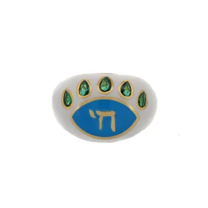 Chai Symbol & Emerald Eye White Enamel Adjustable Ring