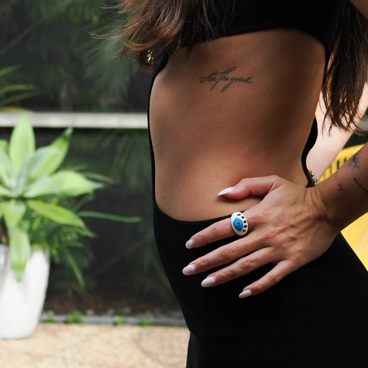 Chai Symbol & Emerald Eye White Enamel Adjustable Ring