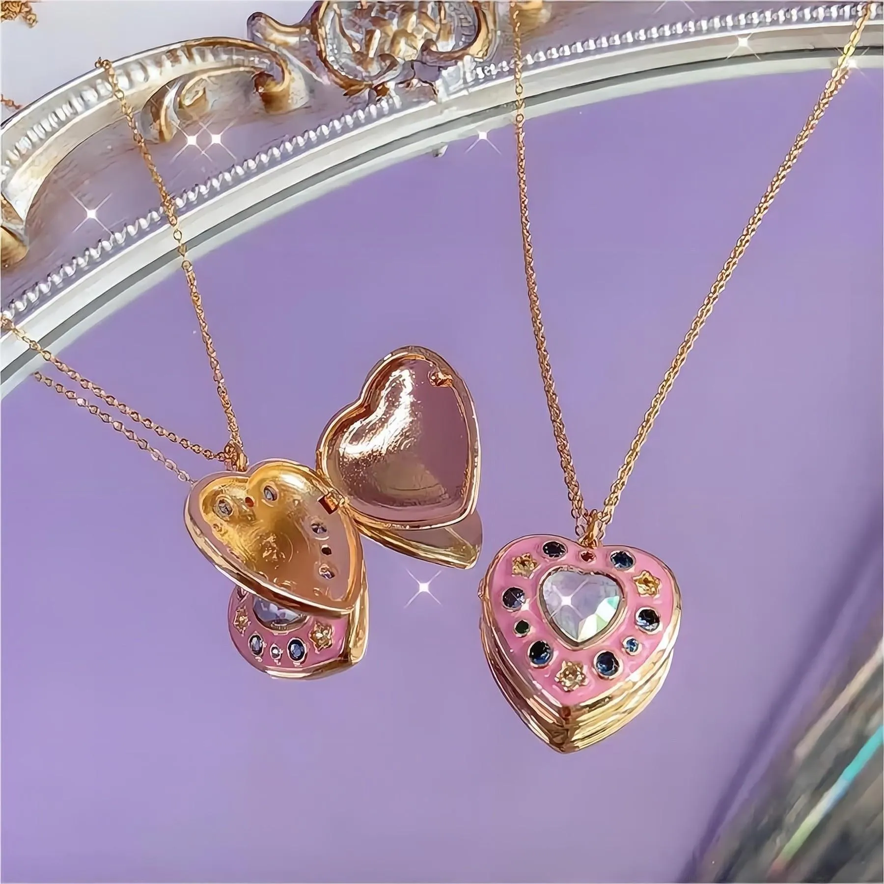 Crystal Inlaid 18K Gold Filled Enamel Heart Locket Necklace