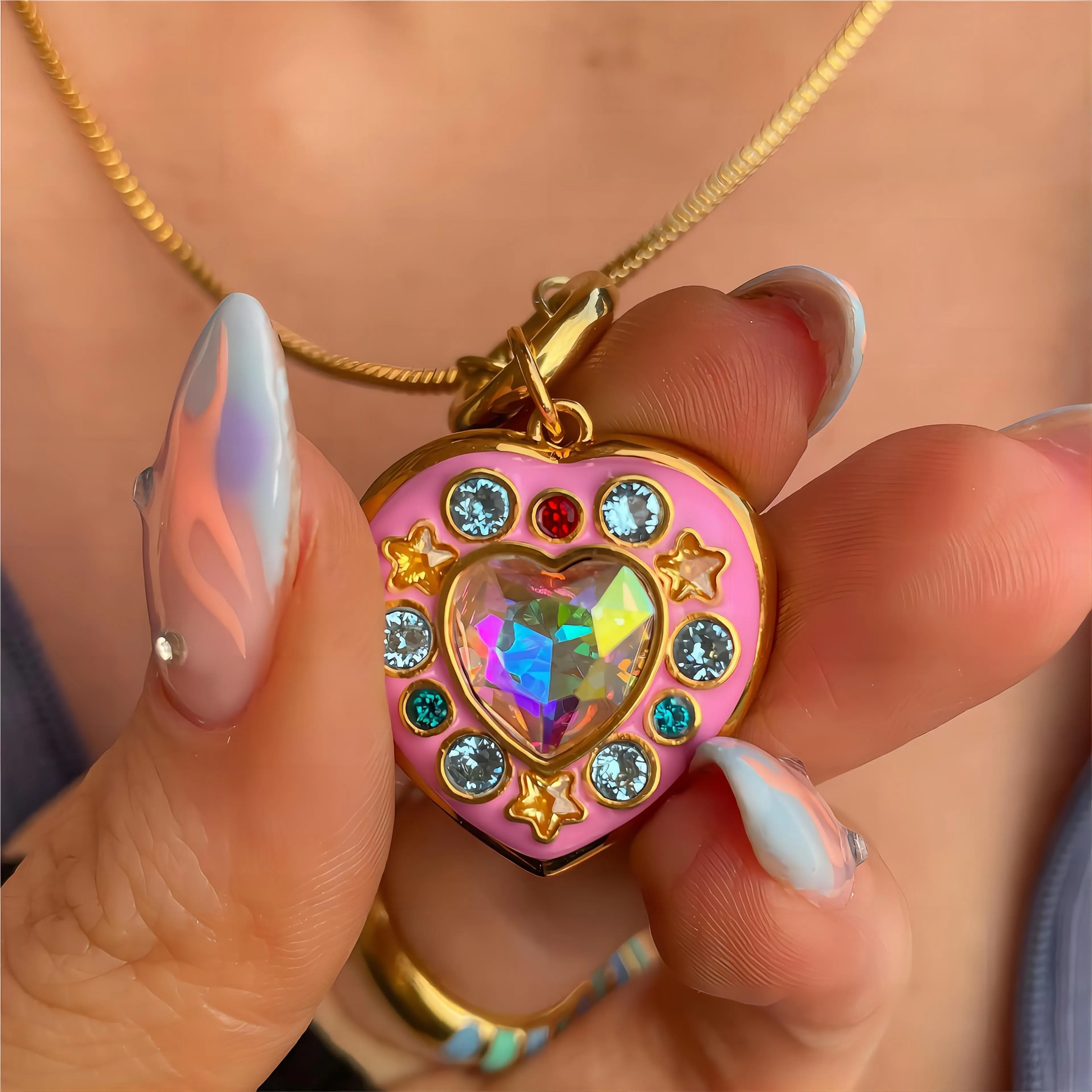 Crystal Inlaid 18K Gold Filled Enamel Heart Locket Necklace
