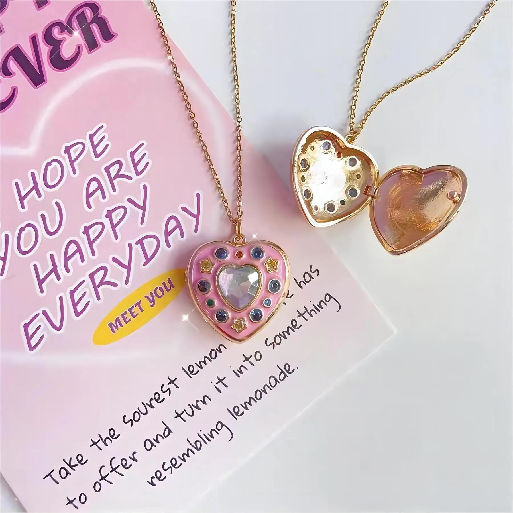 Crystal Inlaid 18K Gold Filled Enamel Heart Locket Necklace