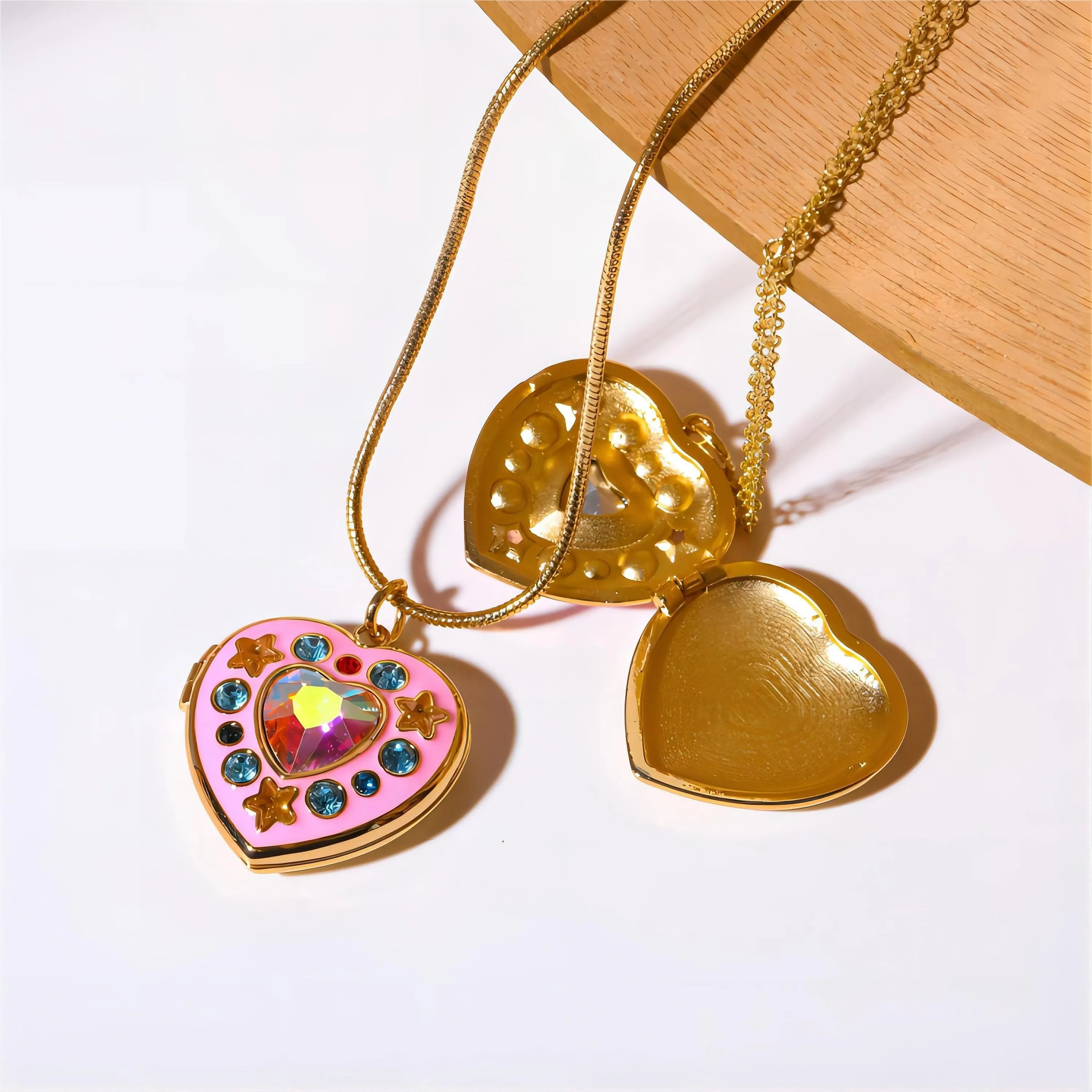Crystal Inlaid 18K Gold Filled Enamel Heart Locket Necklace