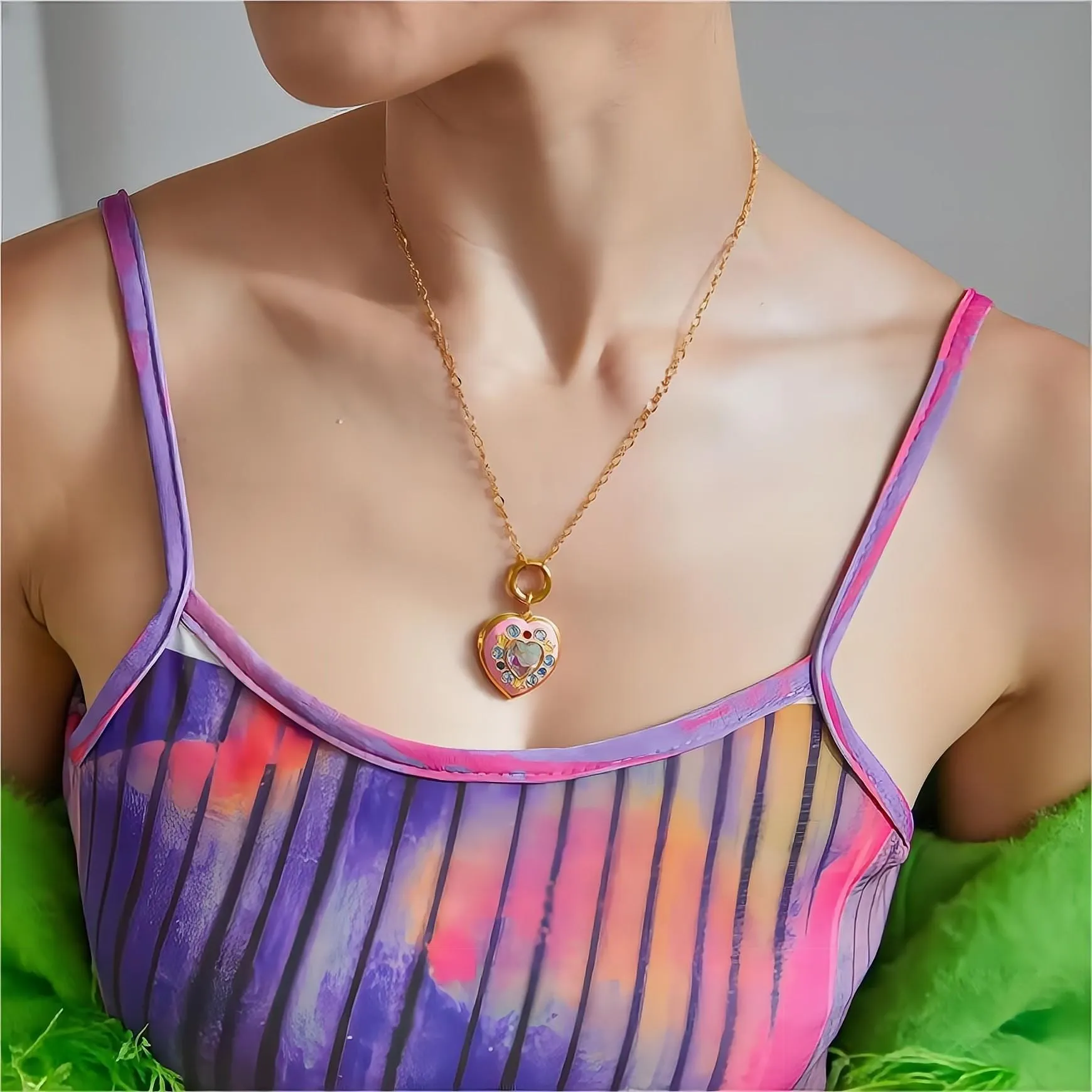 Crystal Inlaid 18K Gold Filled Enamel Heart Locket Necklace