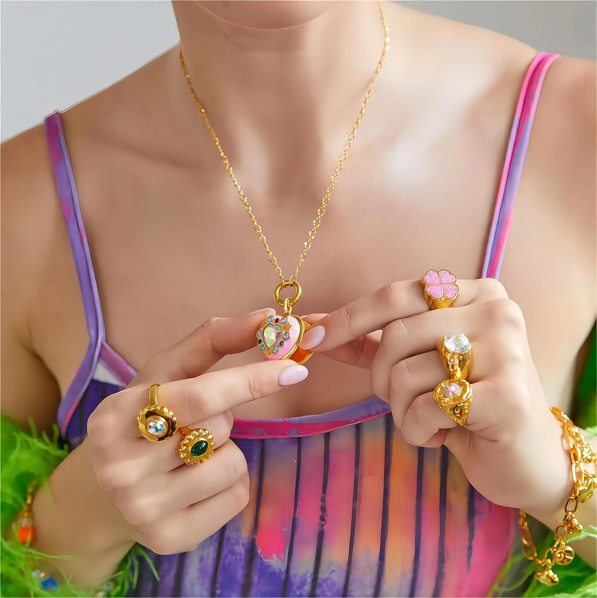 Crystal Inlaid 18K Gold Filled Enamel Heart Locket Necklace