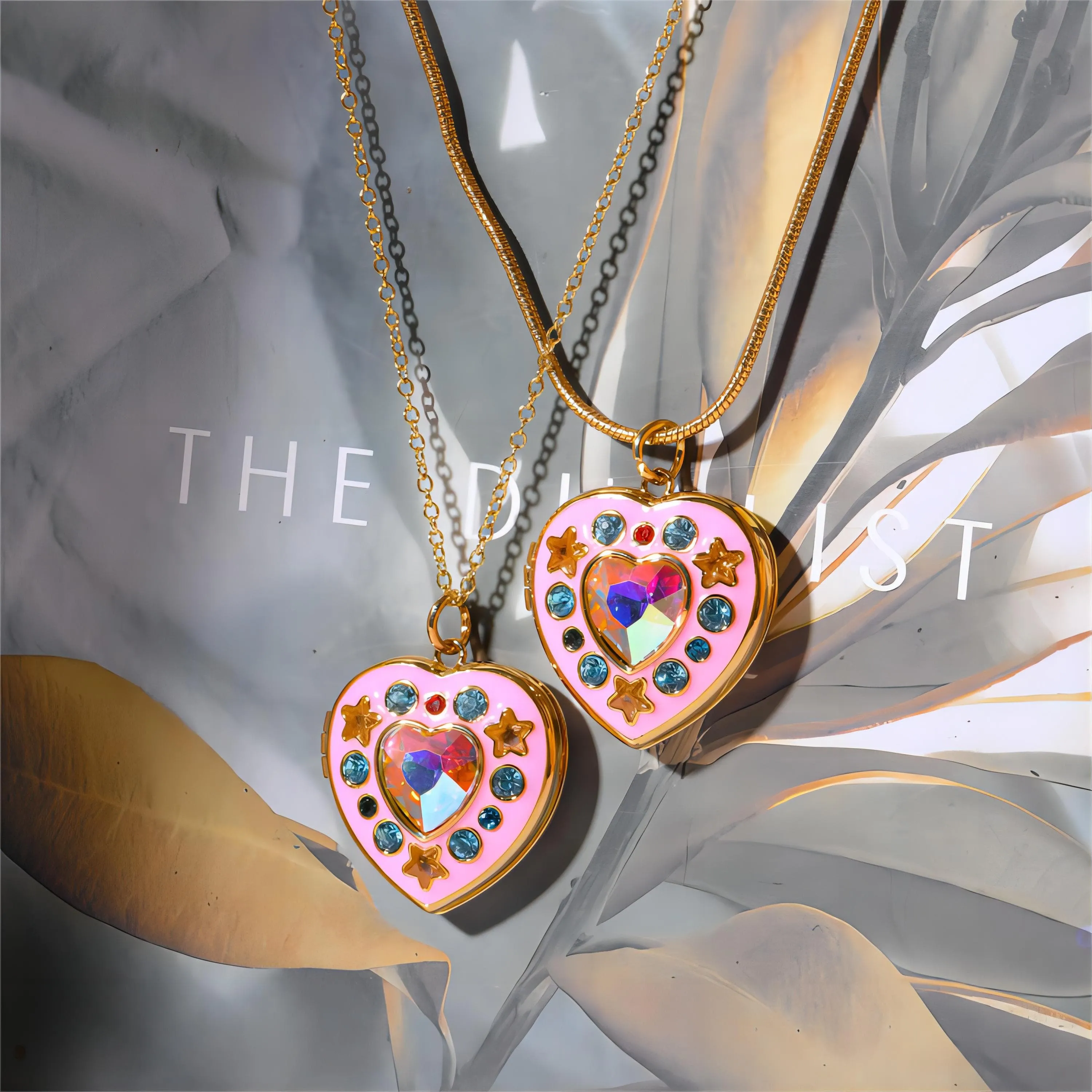 Crystal Inlaid 18K Gold Filled Enamel Heart Locket Necklace
