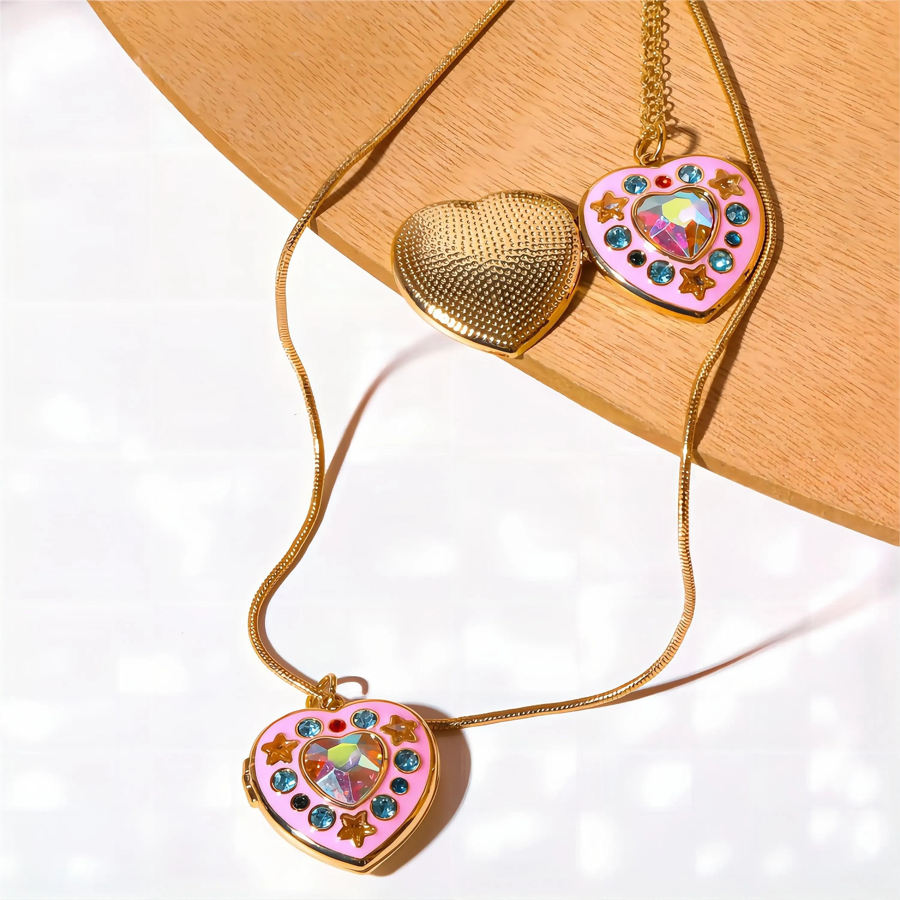 Crystal Inlaid 18K Gold Filled Enamel Heart Locket Necklace