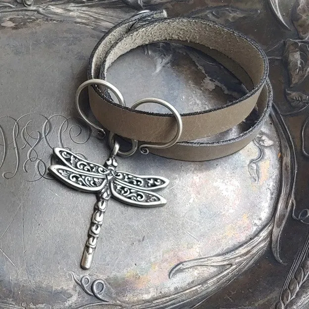 Dragonfly Charm Lock Double-Wrap Leather Shawl Cuff