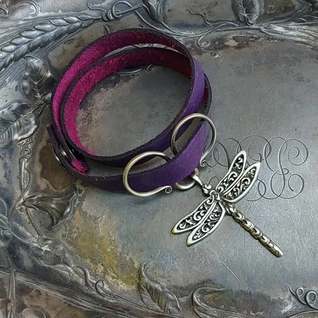 Dragonfly Charm Lock Double-Wrap Leather Shawl Cuff
