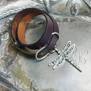 Dragonfly Charm Lock Double-Wrap Leather Shawl Cuff