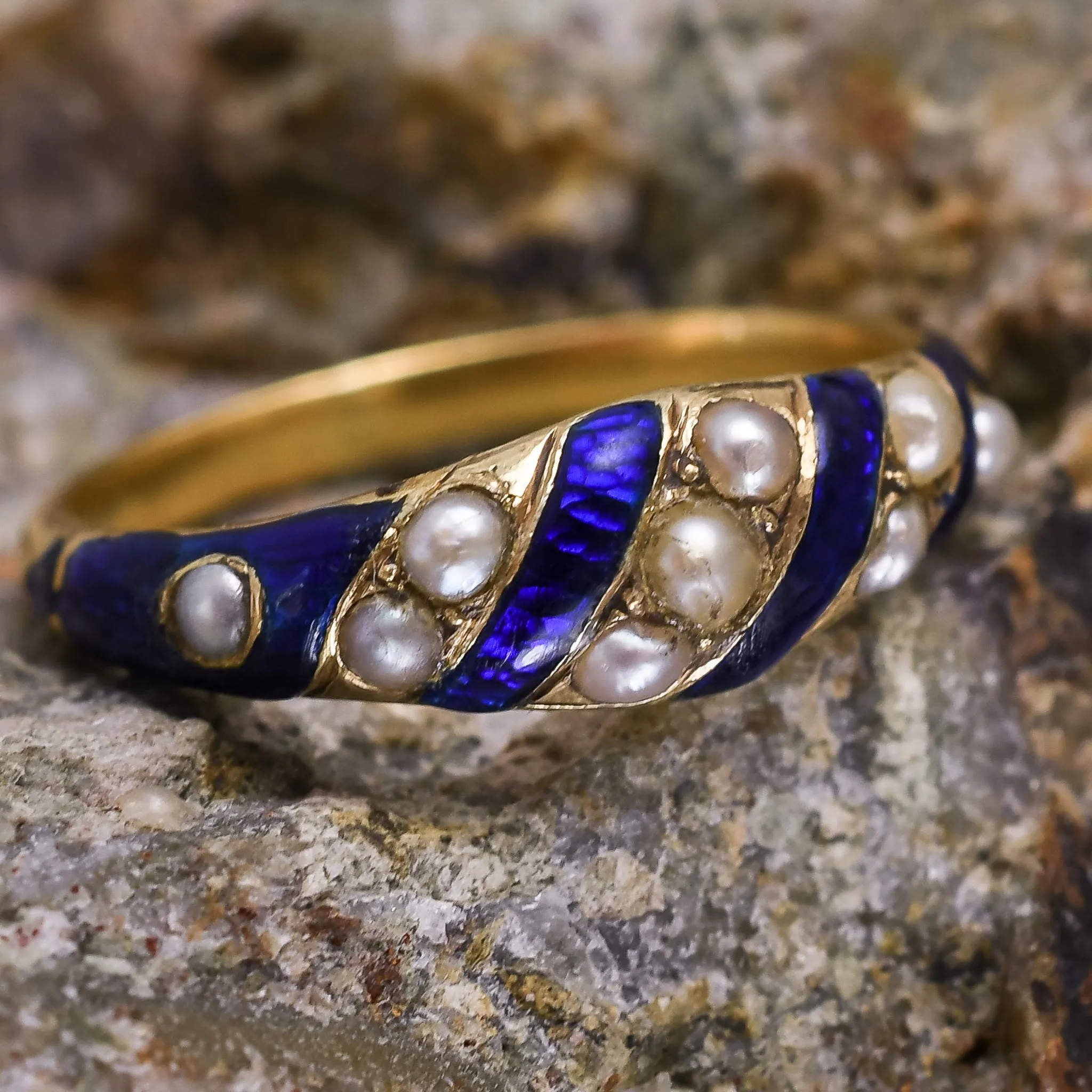 Early Victorian Blue Enamel & Pearl Locket Ring