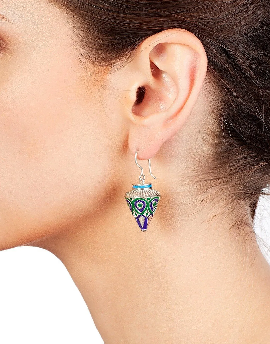 Elegant, blue and green enamel Himachali conical drop earrings