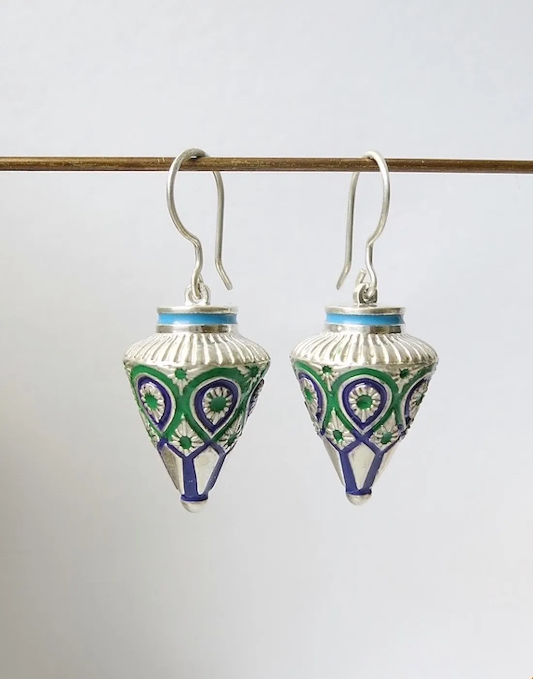 Elegant, blue and green enamel Himachali conical drop earrings
