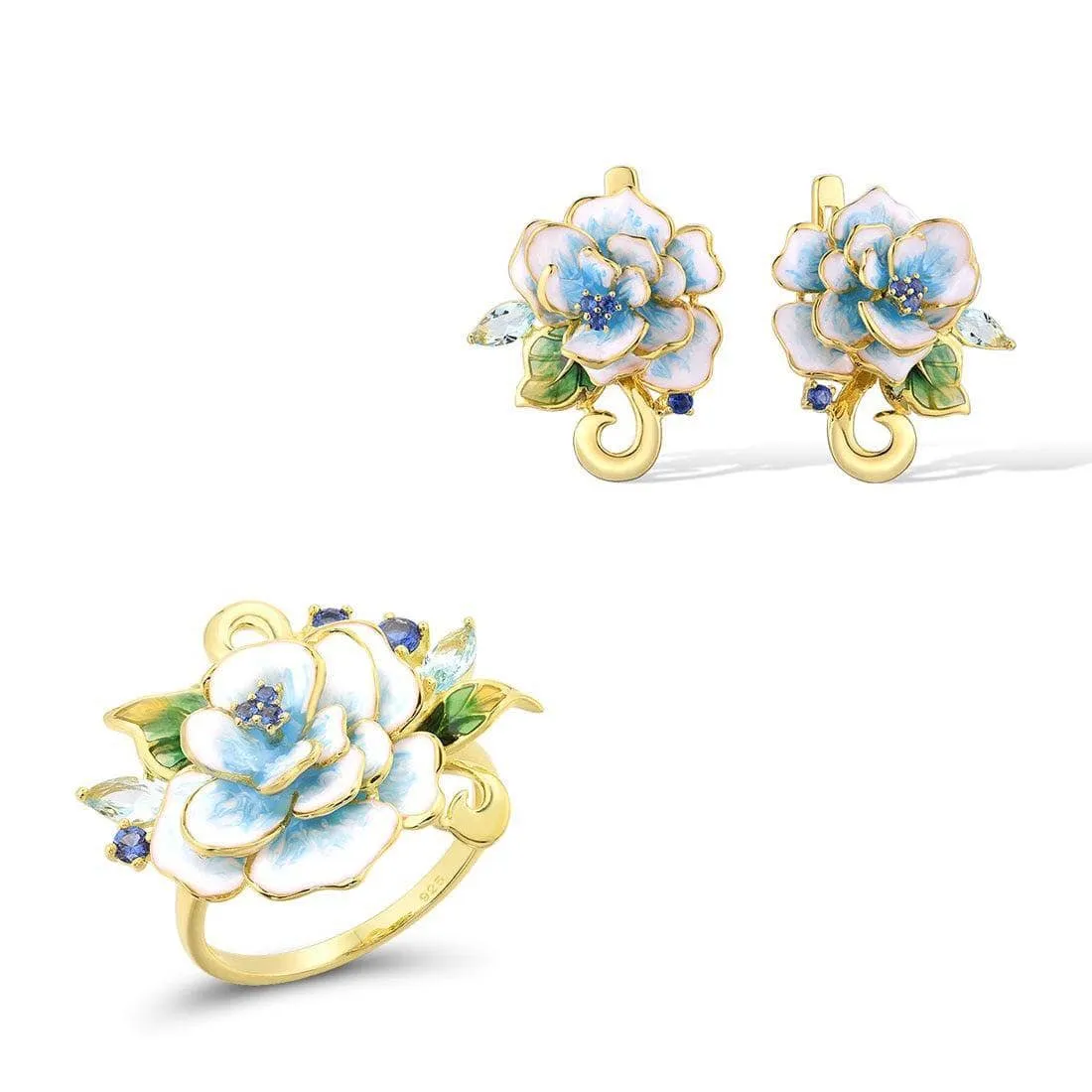 Elegant Blue Enamel Flower with Created Diamond Jewelry Set