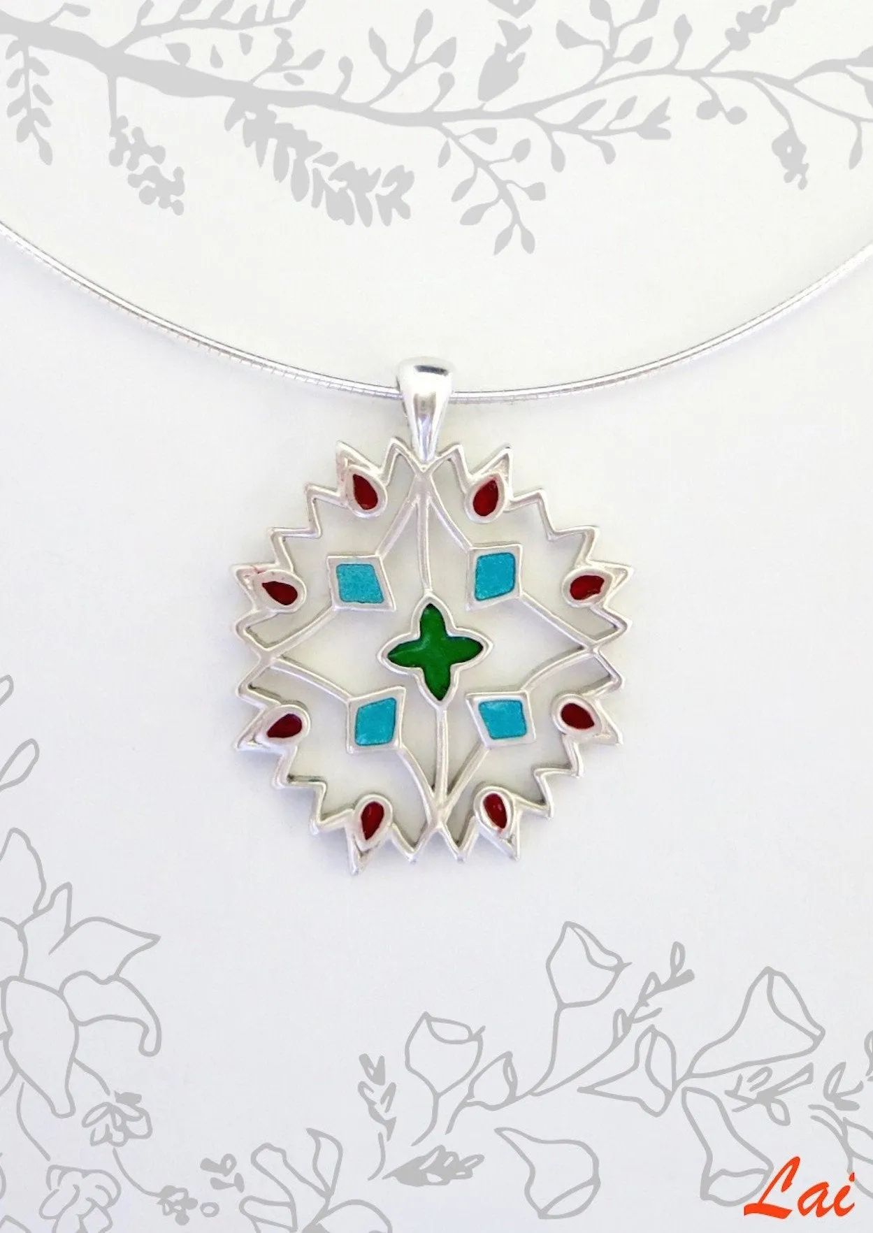 Elegant, minimalist, rangoli-inspired enamel pendant