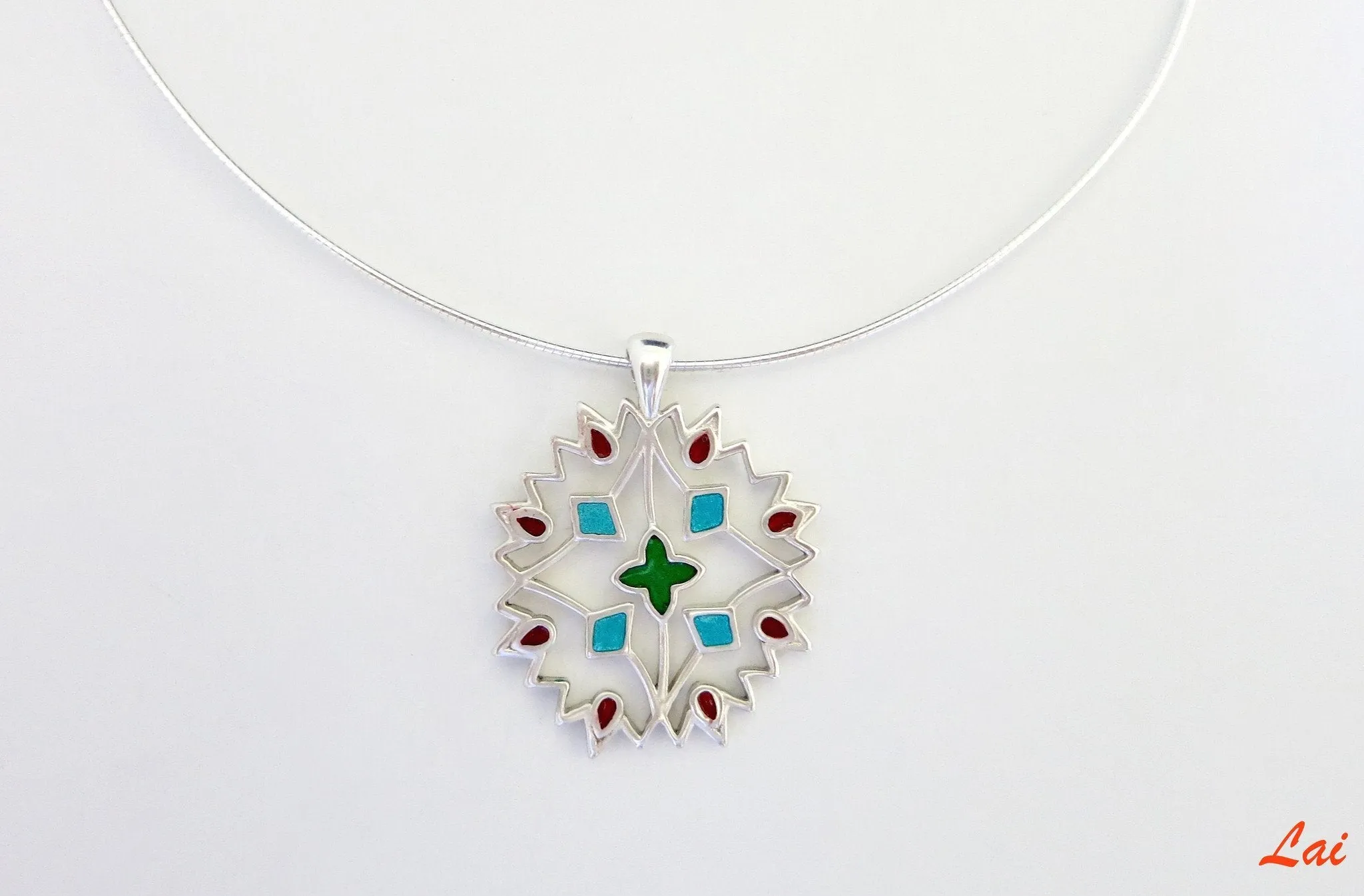 Elegant, minimalist, rangoli-inspired enamel pendant