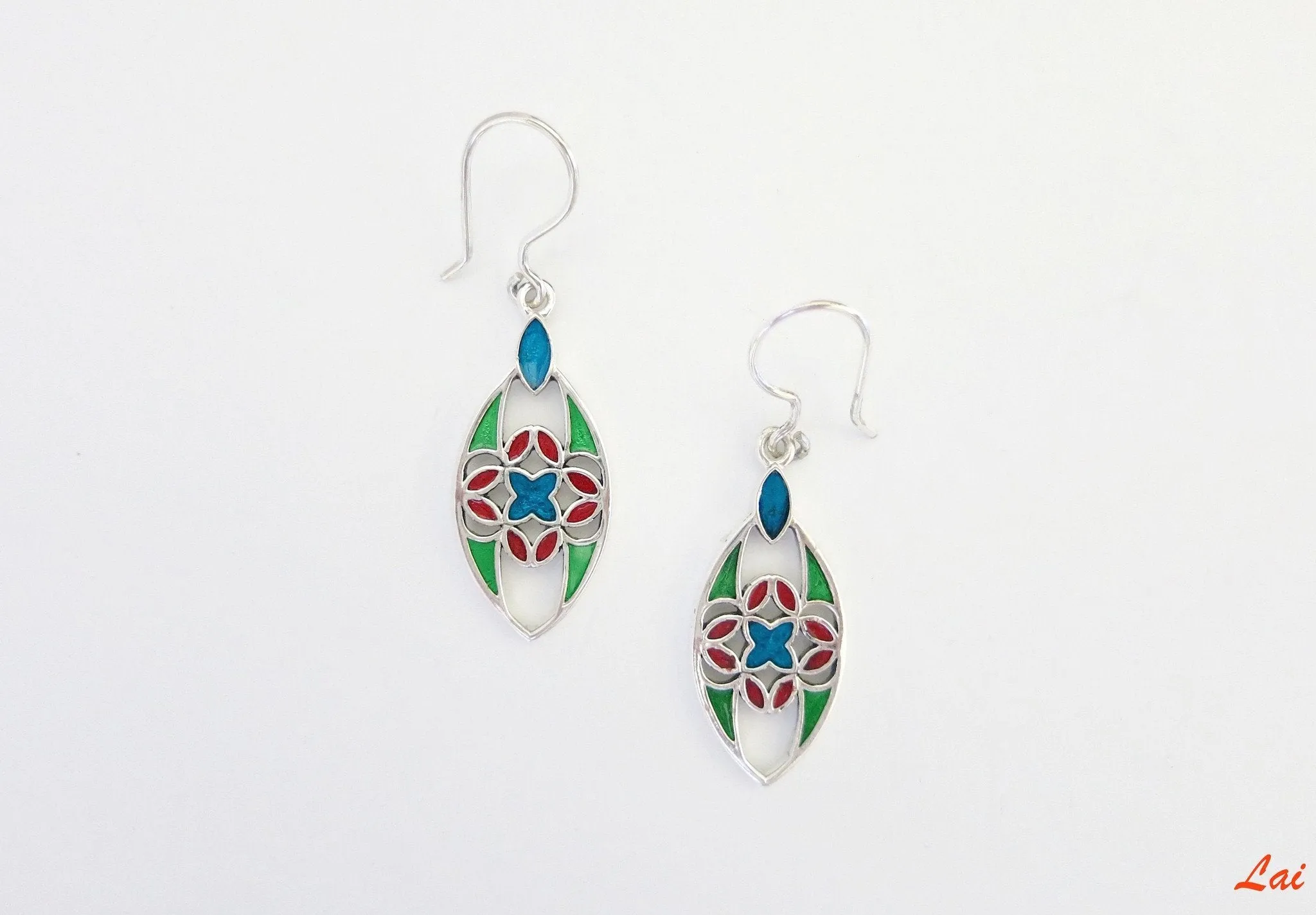 Elegant, navette shape multi color enamel earrings (available in 2 colorways)