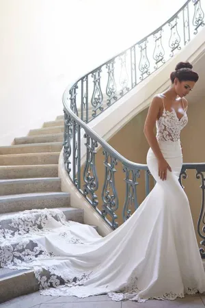 Elegant Spaghetti Straps Mermaid Wedding Dresses With Applique Court Train,MW325